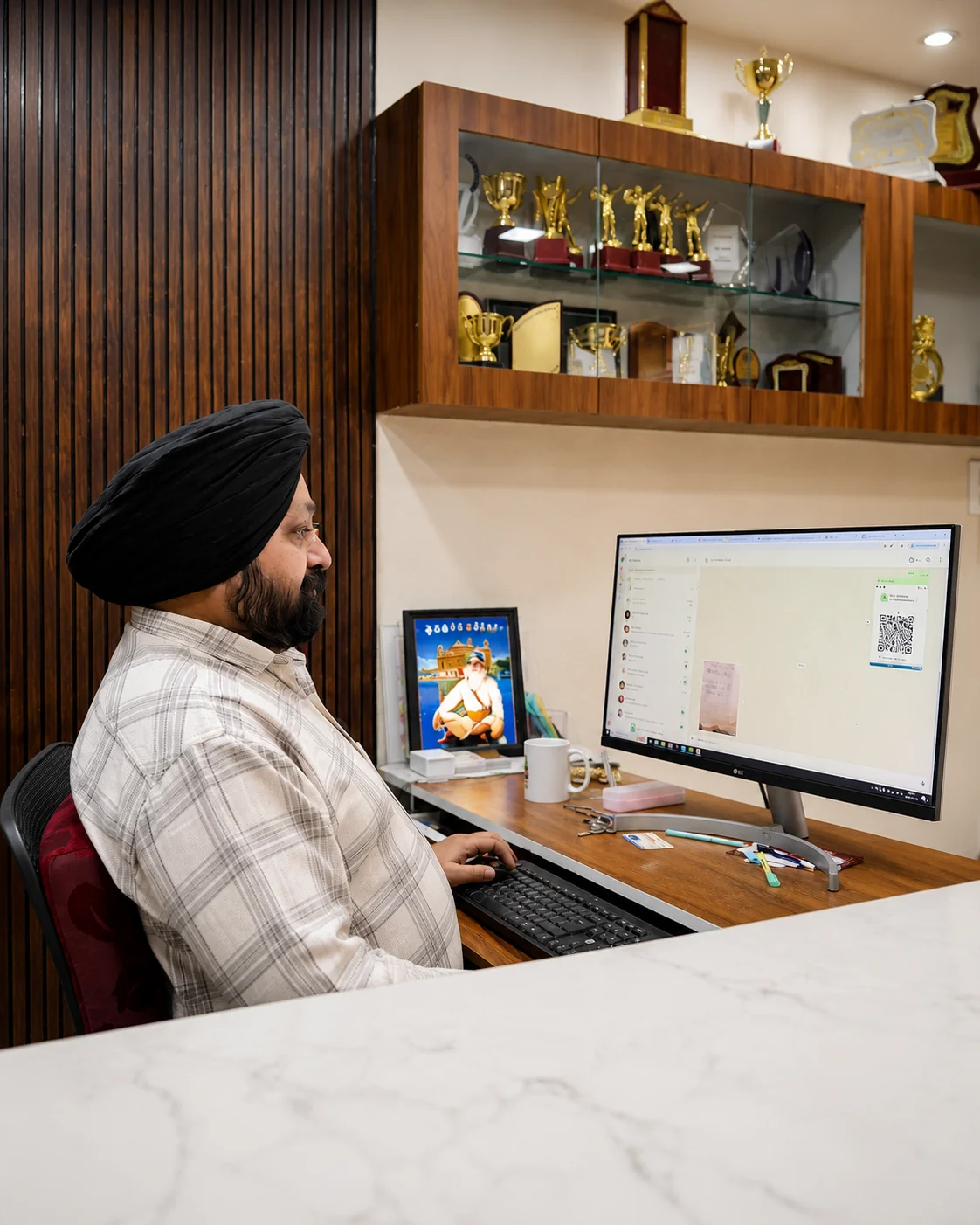 Bhatia Arts team member at the office desk, trophy cabinet in the background