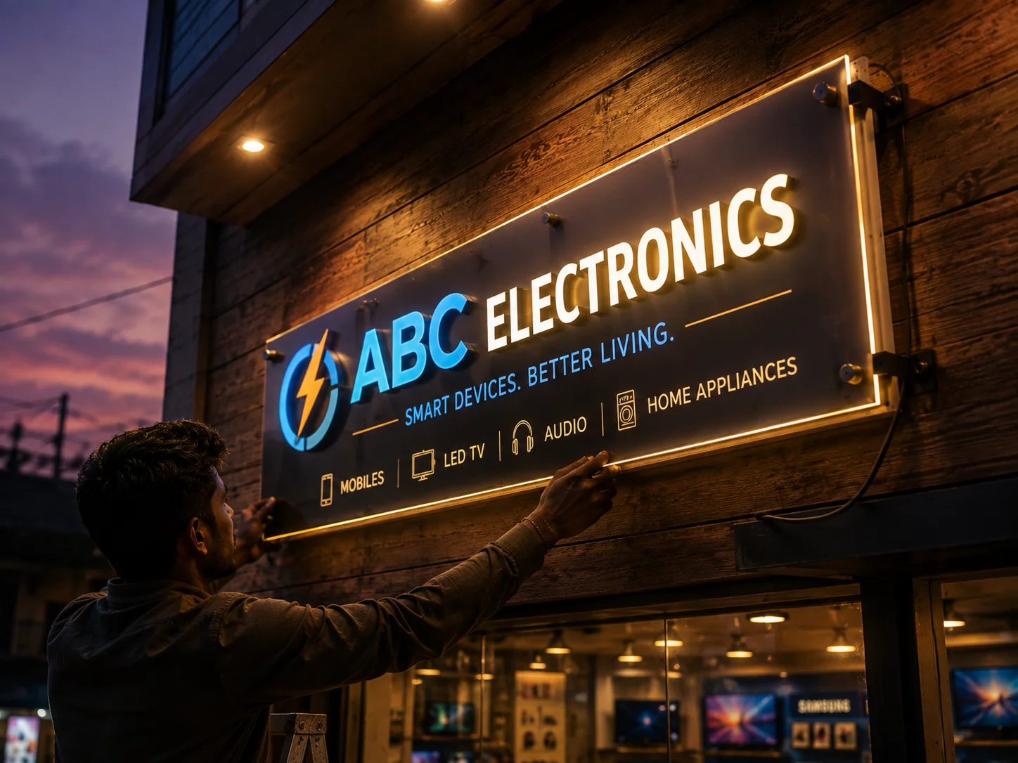 Backlit LED sign board being mounted on a shopfront