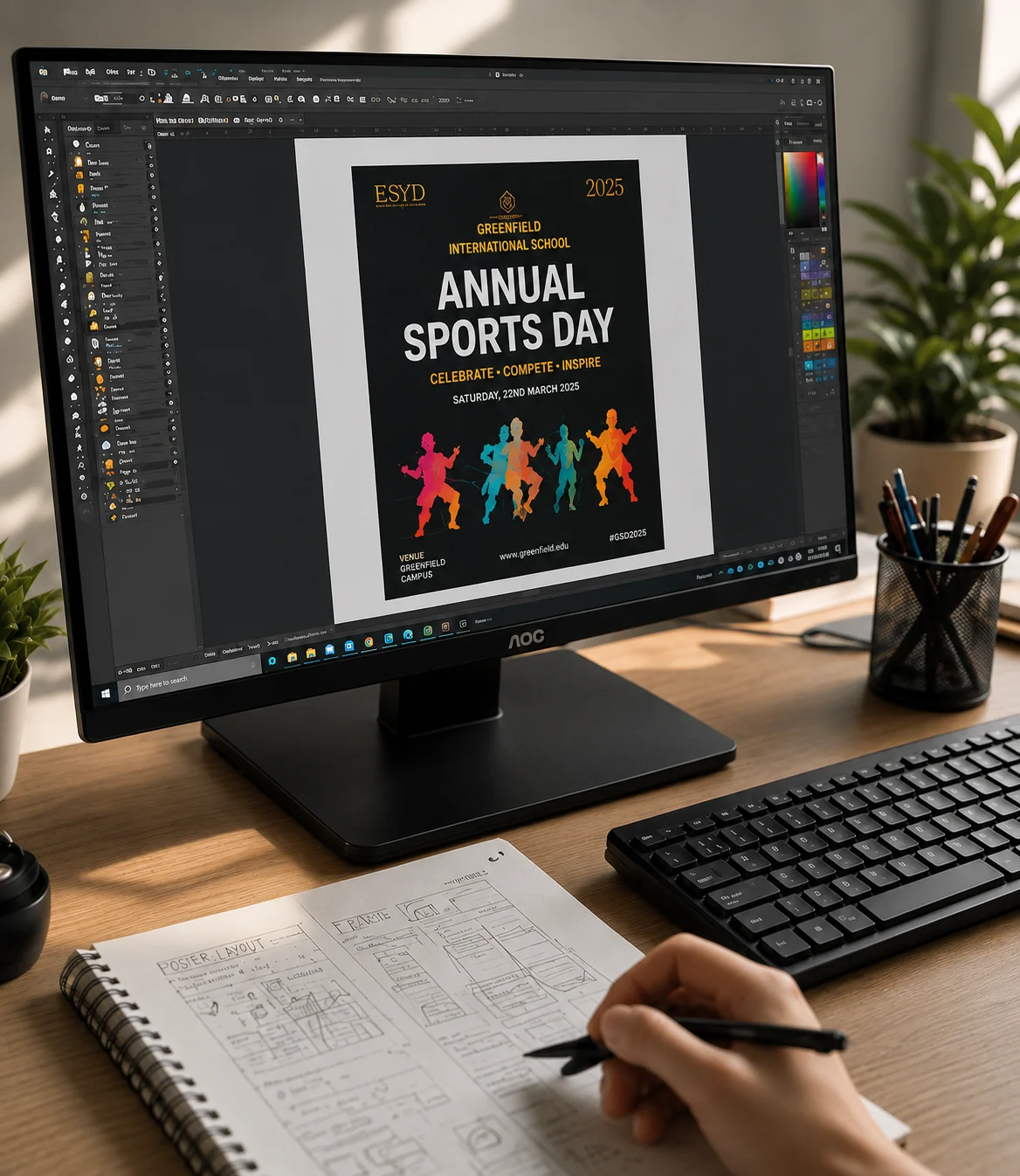 Designer reviewing a poster layout on screen next to hand-drawn sketches