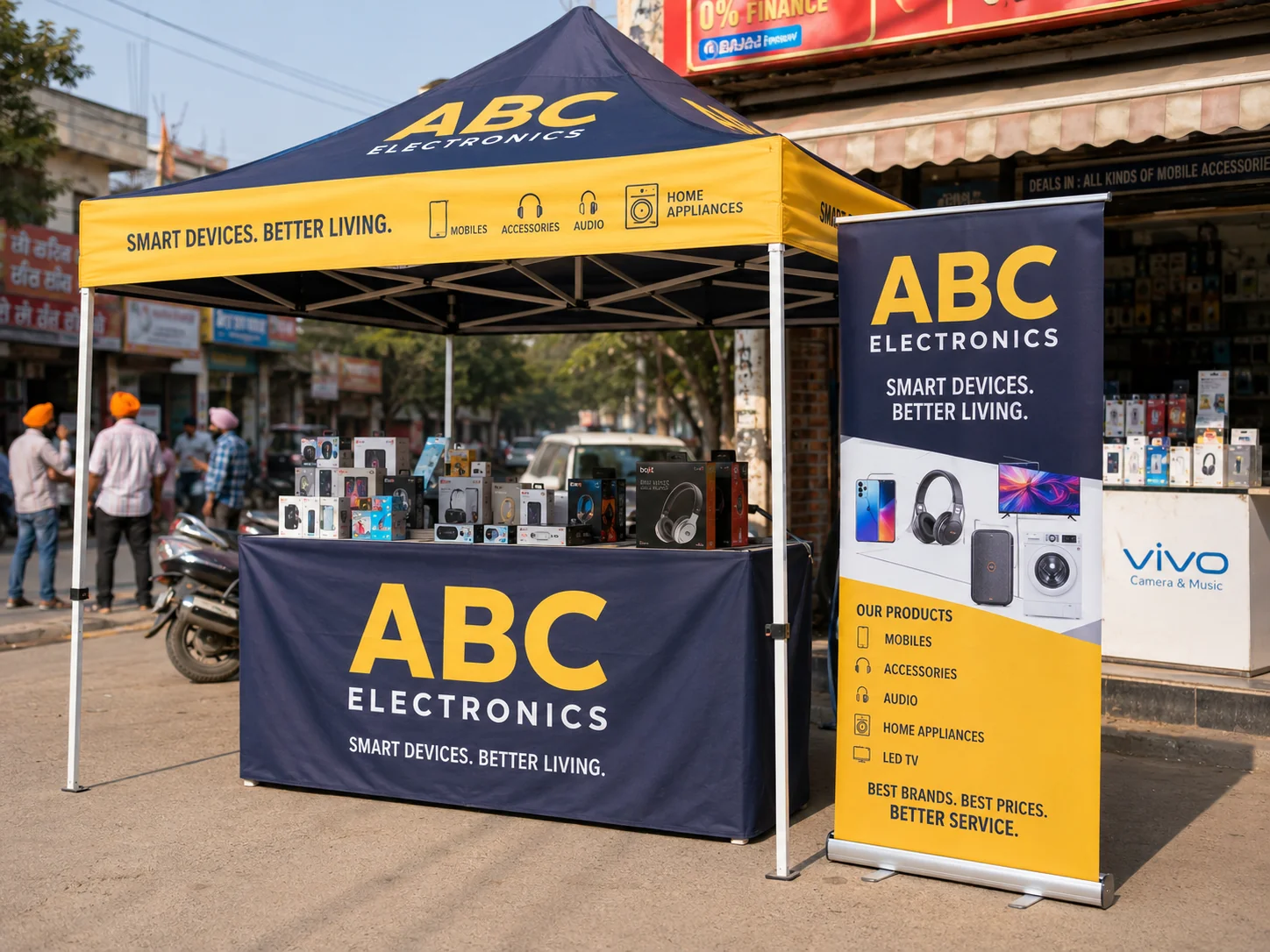 Promotional canopy tent and roll-up standee at a stall