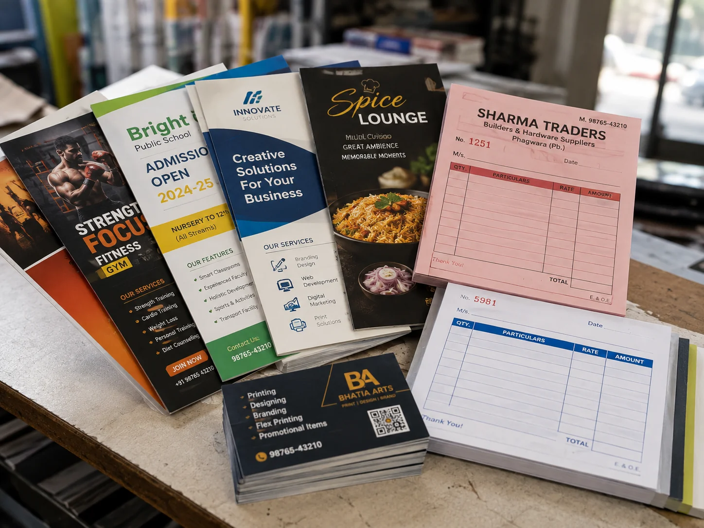 Stack of printed flyers, brochures and bill books