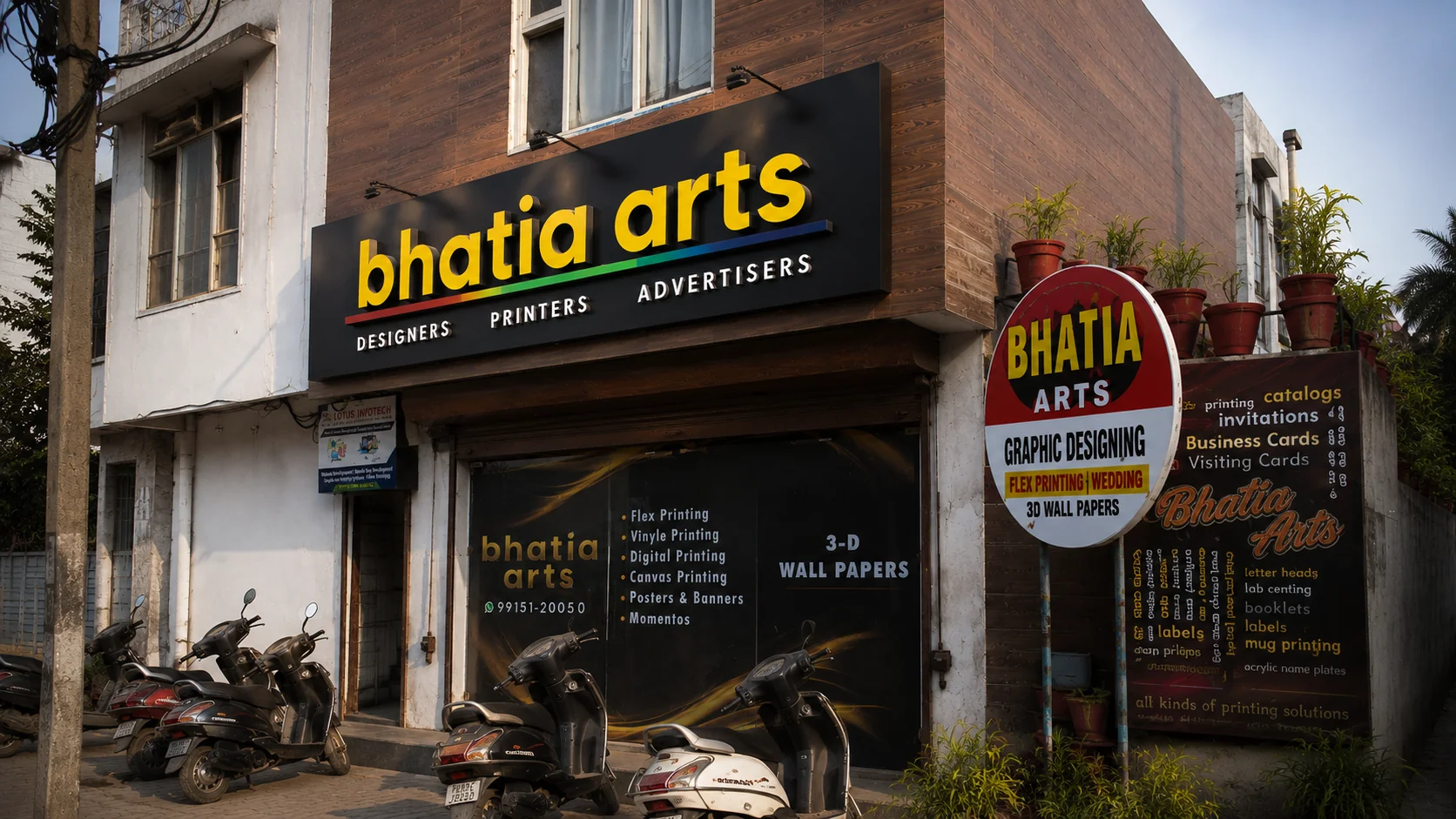Bhatia Arts storefront and illuminated signage, Phagwara