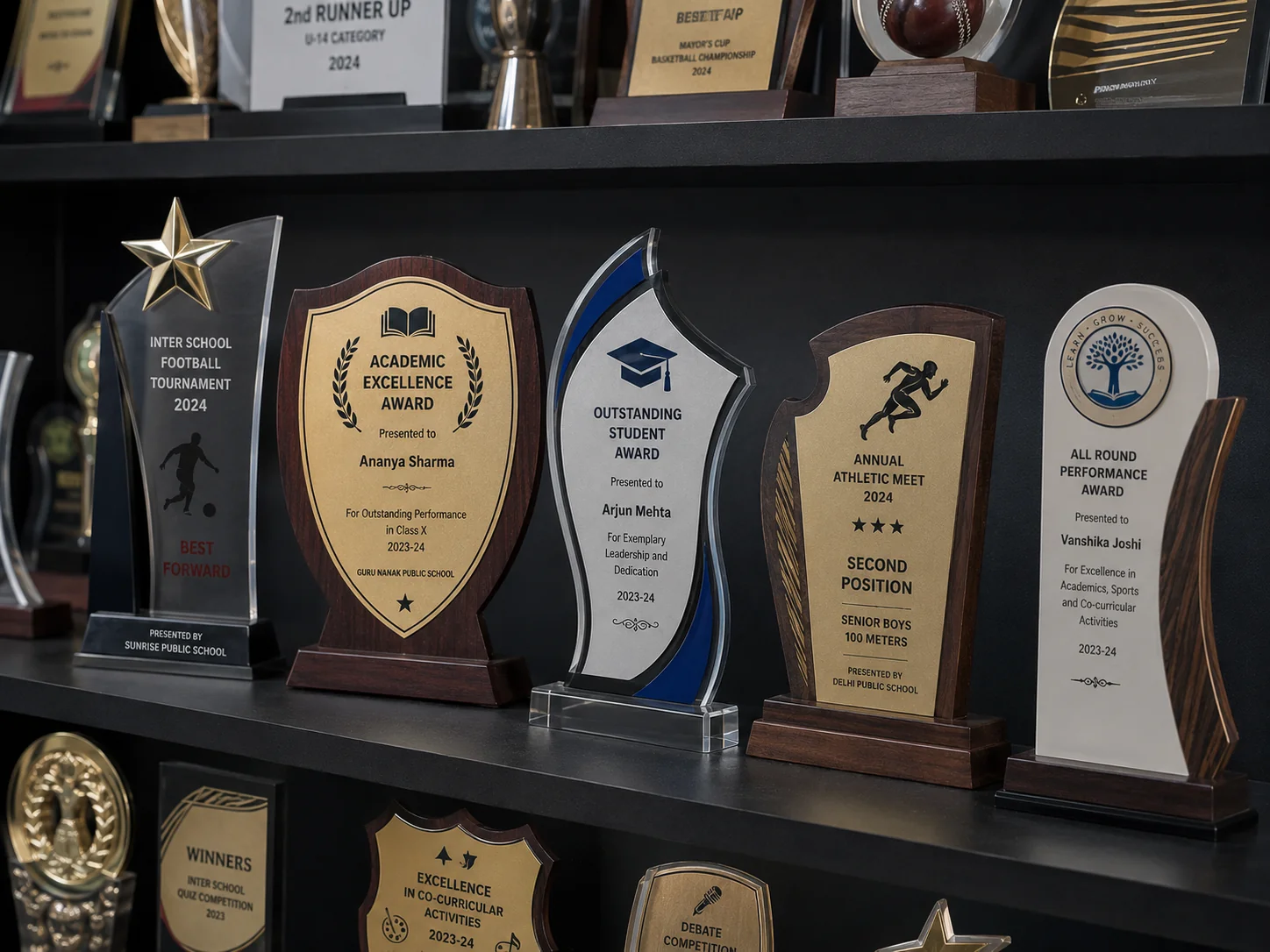 Shelf of acrylic and wooden trophies and plaques