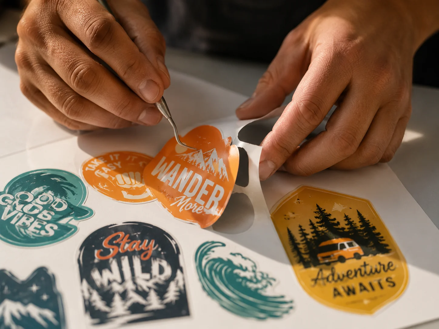Hands weeding colorful die-cut vinyl stickers